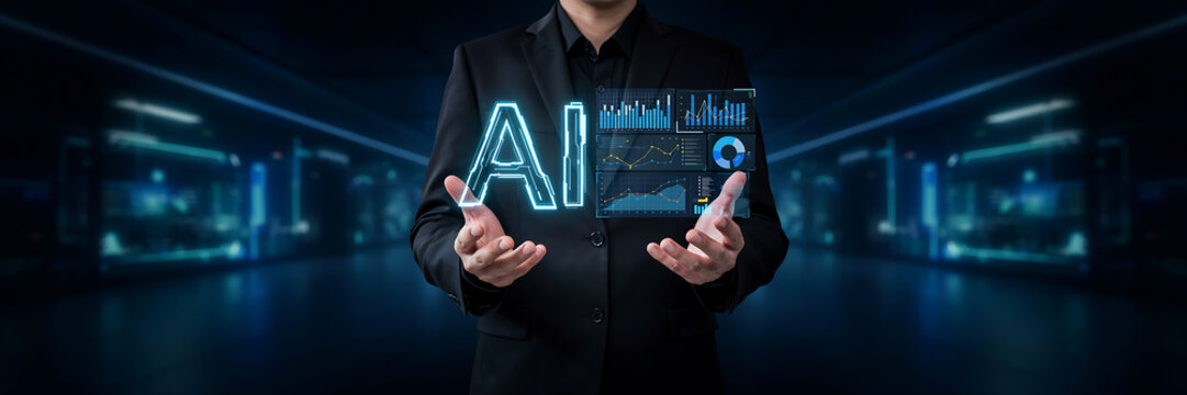 technology and busingess theme background Professional presenting artificial intelligence interface with futuristic holographic display