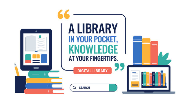 Digital Library in Pocket with Books and Devices.