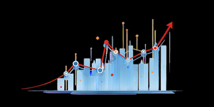 technology and busingess theme background 3d upward growth bar chart with rising red line and city skyline background