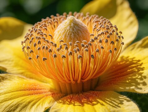 Macro view of yellow moonflower center. Close up shows intricate texture of stamens, pistil. Vibrant petals surround blooming floral structure in bright sunlight. Beautiful botanical detail of exotic