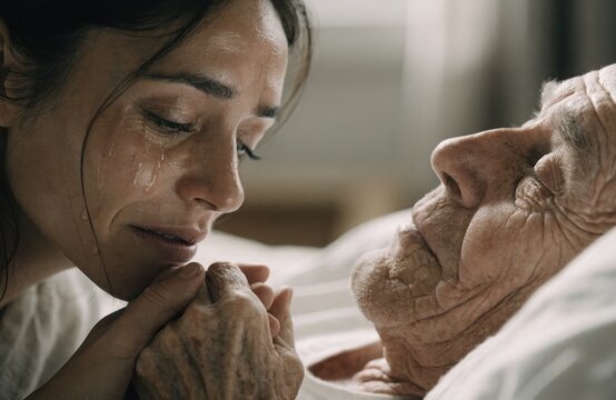 Adult daughter holding her elderly father's hand at his bedside, a tender, dignified moment of end-of-life family care.