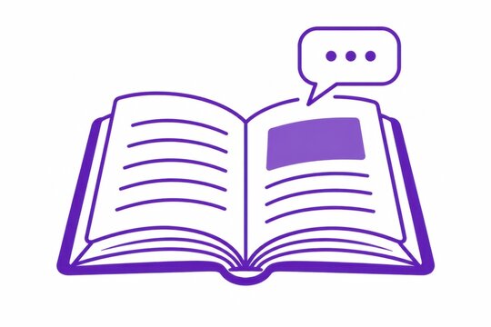 Purple pixel art open book with a speech bubble isolated on white