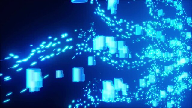 Abstract moving data folders flying in a glowing blue digital space file transfer glowing files cloud storage document management cyber storage file transfer glowing files cloud storage document