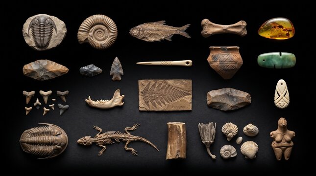 Collection of ancient prehistoric fossils and artifacts isolated