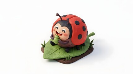 Fototapeta premium Cute 3D ladybug smiling while resting on green leaf isolated on white background