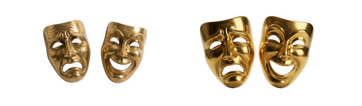 Gold theatrical comedy and tragedy masks isolated on transparent background