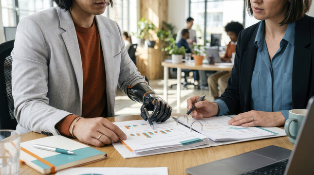 Gen Z professional with prosthetic arm collaborates in modern office setting