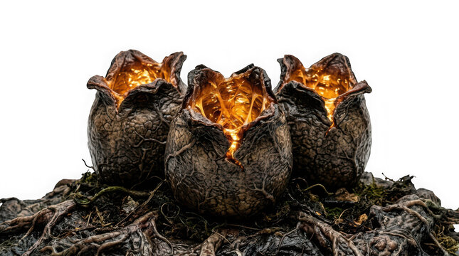 Alien xenomorph eggs in a nest isolated on transparent background