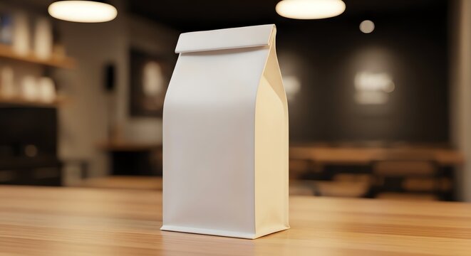 White coffee bean bag mockup on wooden table