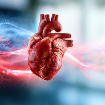Realistic illustration of a human heart with dynamic blood flow lines representing cardiovascular function and health in medical concept background