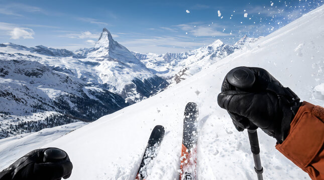 POV of skiing in the Swiss Alps with Matterhorn mountain view