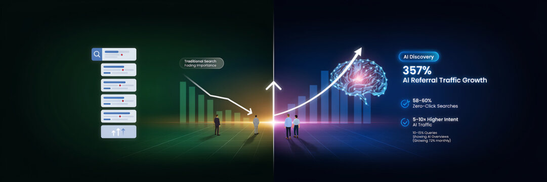 technology and busingess theme background Ai technology growth illustration showing 357% referral traffic increase with digital brain and graph