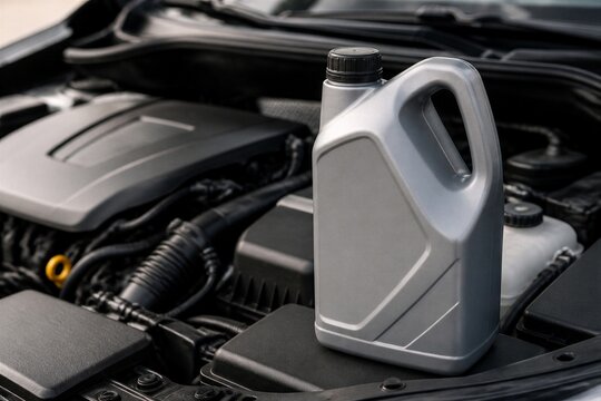 Plastic oil container placed on car engine bay during service