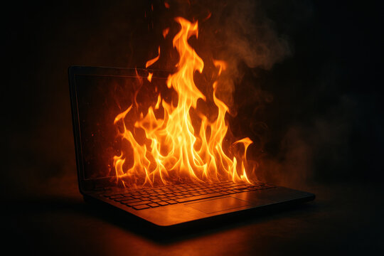 Laptop computer engulfed in blazing digital flames with dramatic overheating technology failure concept and cinematic lighting with smoke effects creating intense atmosphere