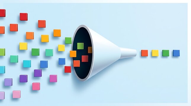 Data filtering and process simplification concept with scattered colorful cubes passing through white funnel