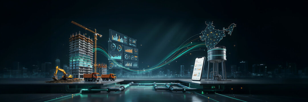 technology and busingess theme background Futuristic city construction site with digital data visualization and smartphone integration