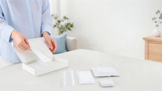 自宅検査キットの内容物を並べる手元