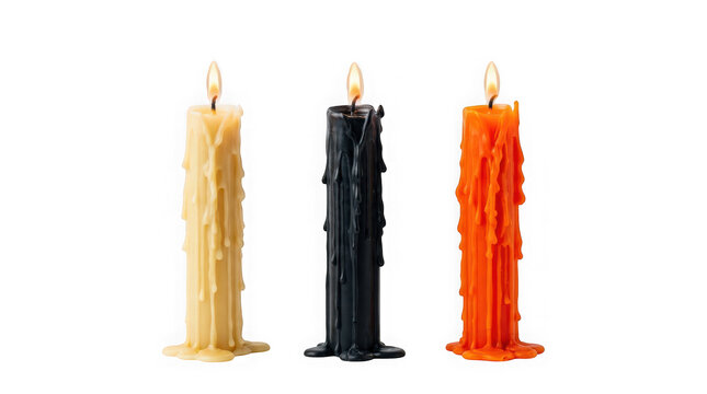 Three lit taper candles in cream, black, and orange with wax drips isolated on transparent background
