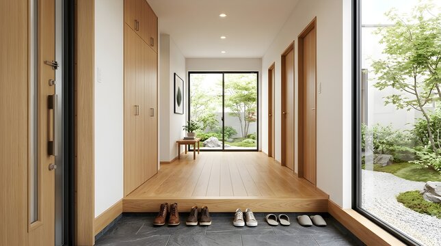 minimalist modern home entrance viewed from the open front doorway
