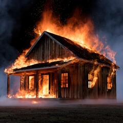 Fototapeta premium Rustic wooden cabin engulfed in intense flames with smoke rising against dark night sky in dramatic fire scene