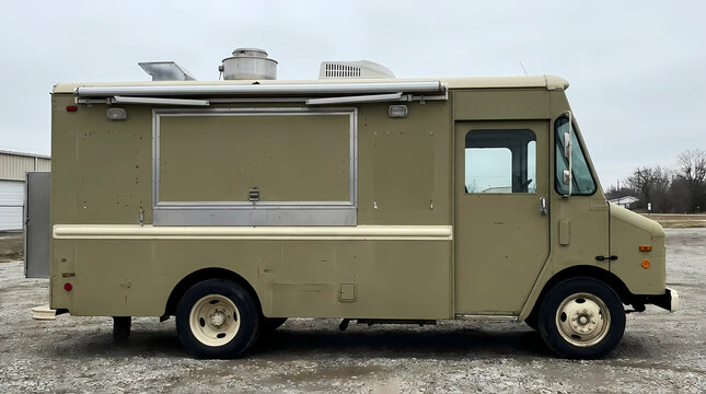 Tan food truck or mobile kitchen on gravel lot.