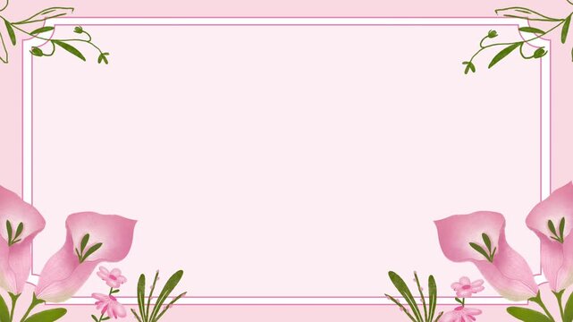 Animated floral frame background with colorful flowers. Cute pink watercolor floral for wedding background with botanical frame.