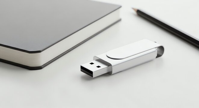 Silver flash drive with notebook and pencil