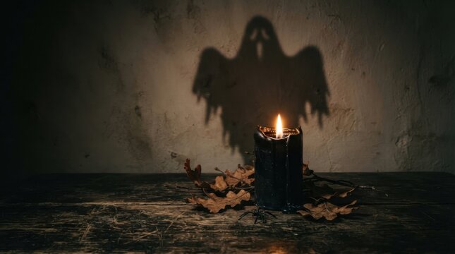 Ghost shadow with black candle on dark table