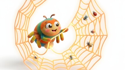 Fototapeta premium Glowing clay spider crafting intricate web in playful handmade art display
