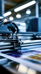Fototapeta premium Industrial digital printer producing vibrant color prints in a modern manufacturing facility with blurred background and advanced machinery details