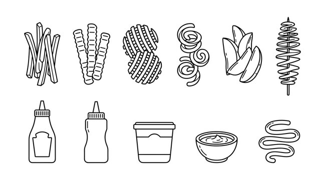 French Fries and Fried Potato Varieties Vector Outline Icon Set Featuring Waffle Curly Spiral Tornado Fries Wedges and Condiment Dipping Sauces