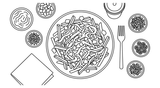 Loaded Poutine French Fries Platter Vector Illustration with Cheese Curds Gravy Topping Dipping Sauce Bowls Napkin and Fork Outline Fast Food Menu Design