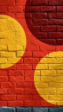 Vibrant geometric mural featuring large yellow and maroon circles painted on textured red brick wall with a hint of blue at the bottom edge