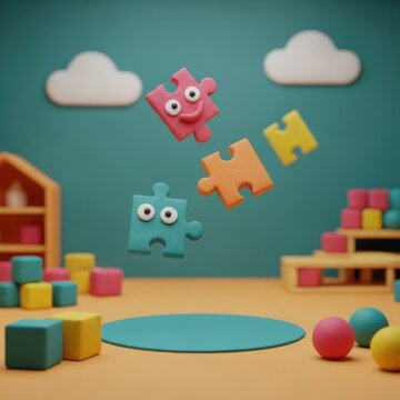 Floating 3D clay style jigsaw puzzle pieces with cute cartoon faces in a stylized playroom setting with toy building blocks, white clouds, and a circular platform base.