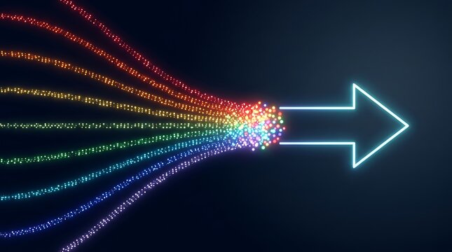 Big data consolidation and unified direction concept with glowing particle streams merging into solid neon arrow