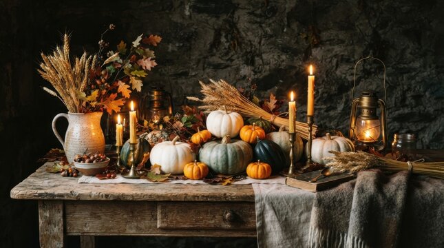 Cozy rustic autumn table setup with pumpkins and candles