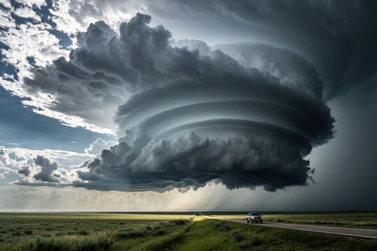 Massive storm cloud looms over rural landscape. Dark thunderhead forms huge rotating formation above green field. Lone car drives on highway towards dramatic weather. Intense tempest approaching