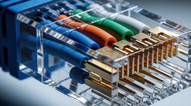 Close up shot of RJ45 connector internal wires. Network cable twisted pairs and gold plated pins for fast internet connectivity. Tech hardware detail.