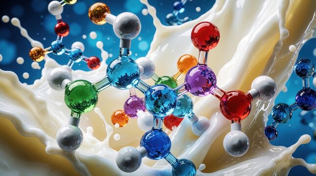 Colorful molecular structure of lactose sugar floats in splashing milk. Abstract science illustration shows chemical bonds in dairy fluid. Research and food production themes.