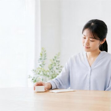 自宅検査の準備で白い小物と用紙を確認する女性,