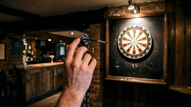Hand Throwing Dart at Dartboard in a Traditional Pub