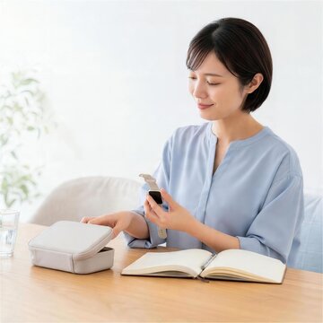 ケースからウェアラブル端末を取り出して確認する女性