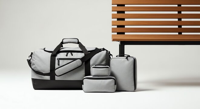 Gray duffle bag with matching packing cubes by a wooden bench