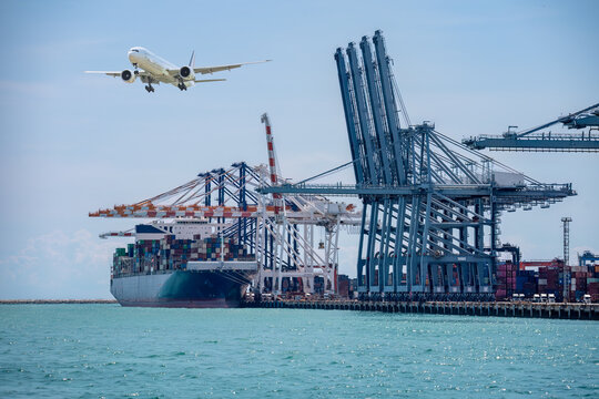 Cargo airplane flying over shipping containers and large cranes global logistics international trade and supply chain management concepts of cargo delivery import and export.