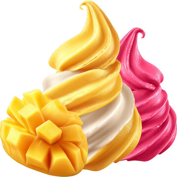 Colorful Soft Serve Ice Cream Swirls in Yellow, Pink, and White with Mango Pieces on a Transparent Background