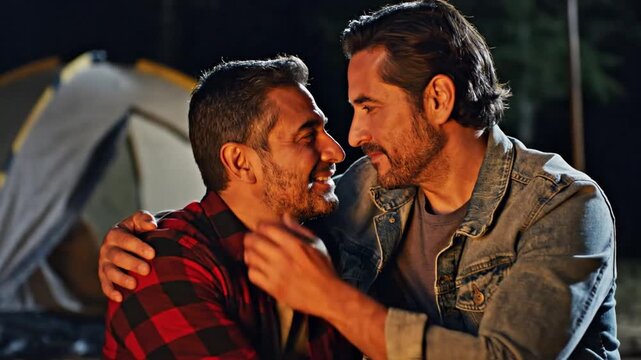 Two men embracing warmly by a forest campfire tonight.