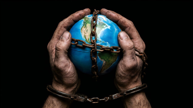 Handcuffed dirty hands holding a chained earth globe on black background