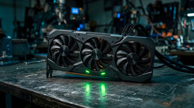 High-end triple fan graphics card on a metal workbench in a workshop