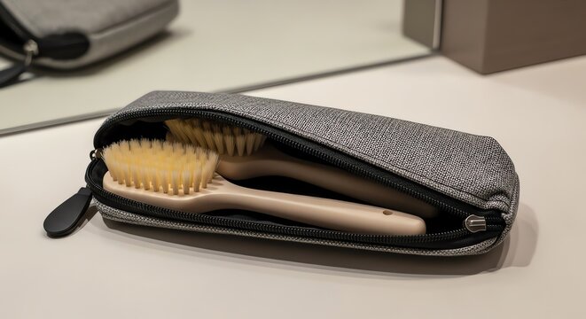 Hairbrushes in grey zippered travel pouch