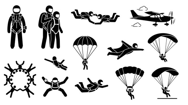 Skydiving vector illustration set featuring various parachute jumping silhouettes and extreme sport activity icon design elements
